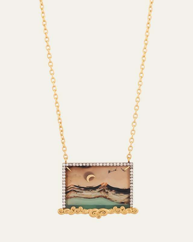 18K Yellow Gold Agate Landscape Necklace with Moon and Cloud Detail